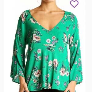 Rachel Zoe Green Peplum Top Blouse Bell Sleeves V Neck Floral Large Romantic